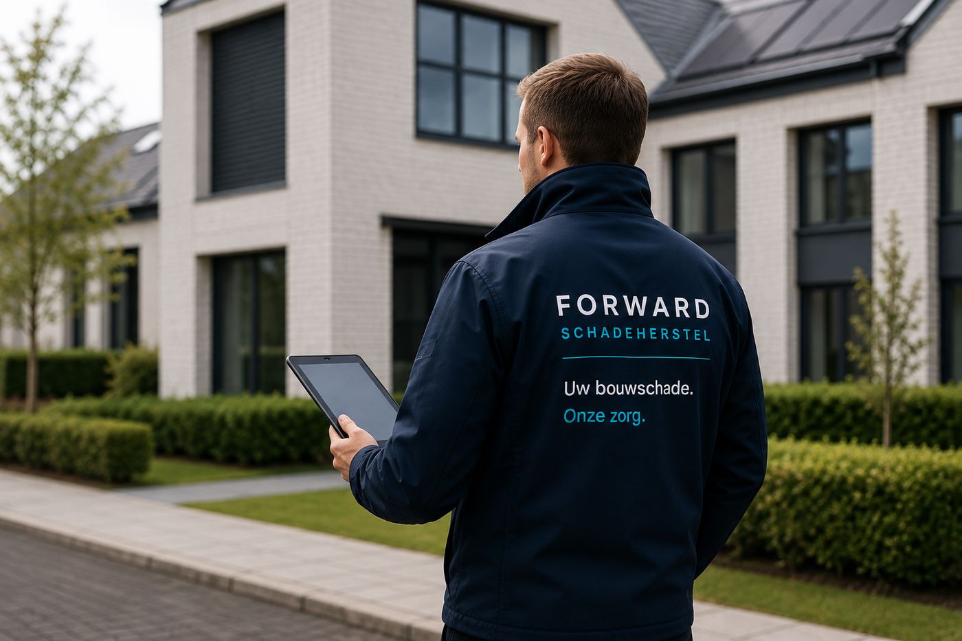 Medewerker van Forward Schadeherstel met tablet bij een woongebouw