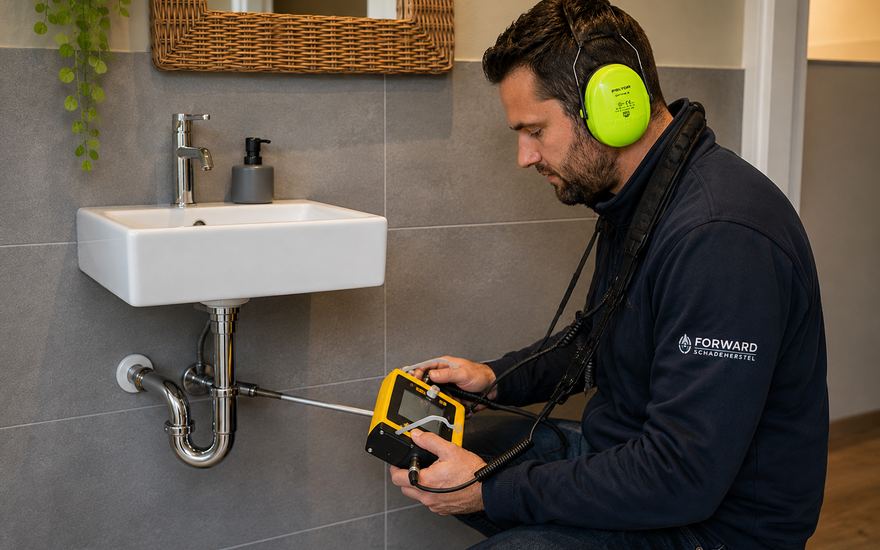 Specialist spoort met akoestische lekdetectie een lekkage op bij een wastafel